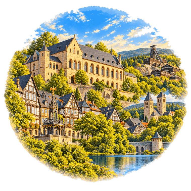 Illustration der Region Goslar mit Kaiserpfalz, Fachwerk und Harzlandschaft