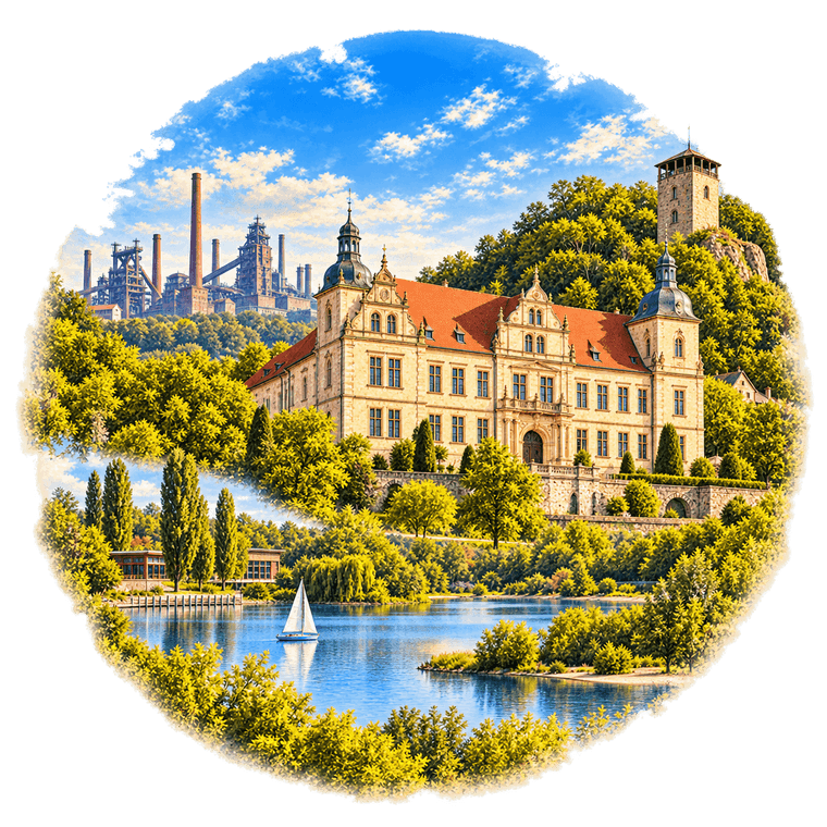 Illustration der Region Salzgitter mit Schloss Salder, See und Lichtenbergen